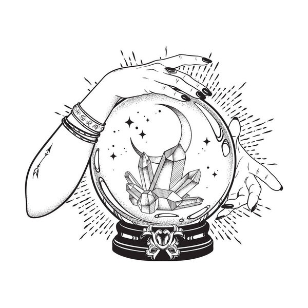 Ручной нарисованный магический хрустальный шар с драгоценными камнями и полумесяцем в руках гадалки линии искусства и точечной работы. Шикарная татуировка, плакат, гобелен или алтарная вуаль
