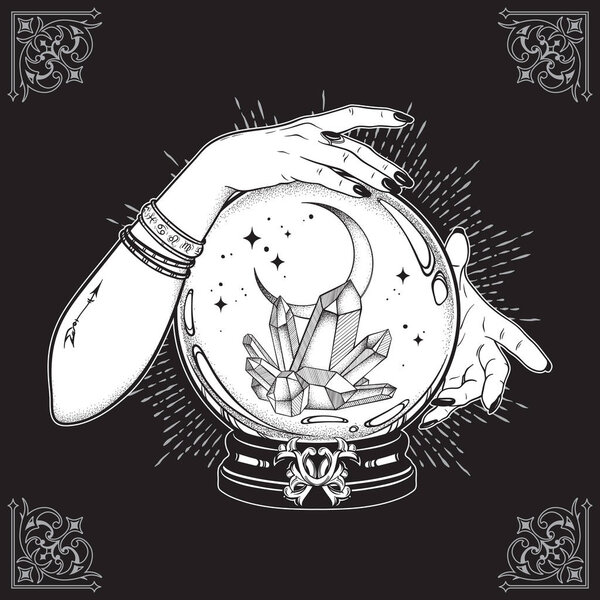 Ручной нарисованный магический хрустальный шар с драгоценными камнями и полумесяцем в руках гадалки линии искусства и точечной работы. Шикарная татуировка, плакат, гобелен или алтарная вуаль
