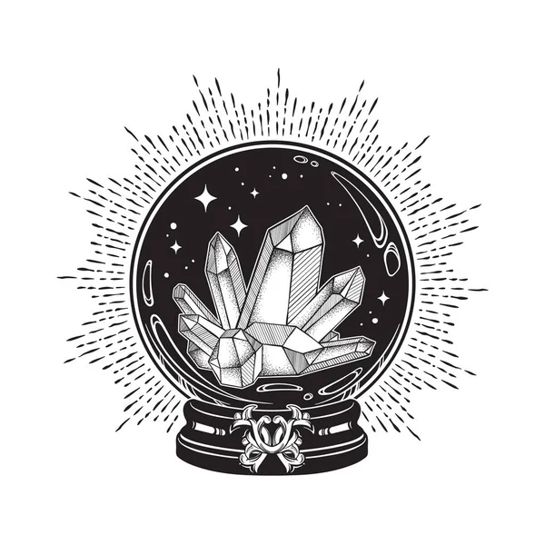 Hand Getekende Magische Kristallen Bol Met Edelstenen Lijn Kunst Stip — Stockvector