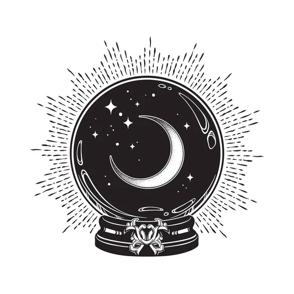 Hilal ay ve yıldız çizgileri olan sihirli kristal küreyi çizdim. Boho şık dövme, poster veya sunak duvağı desenli tasarım vektör çizimi