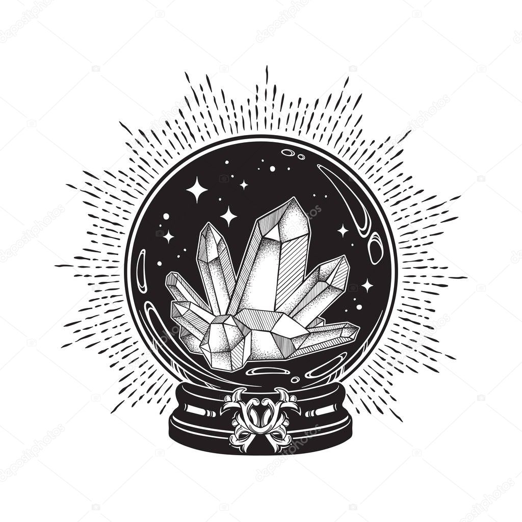 Hand drawn magic crystal ball with gems line art and dot work. Boho chic tattoo, poster or altar veil print design vector illustration