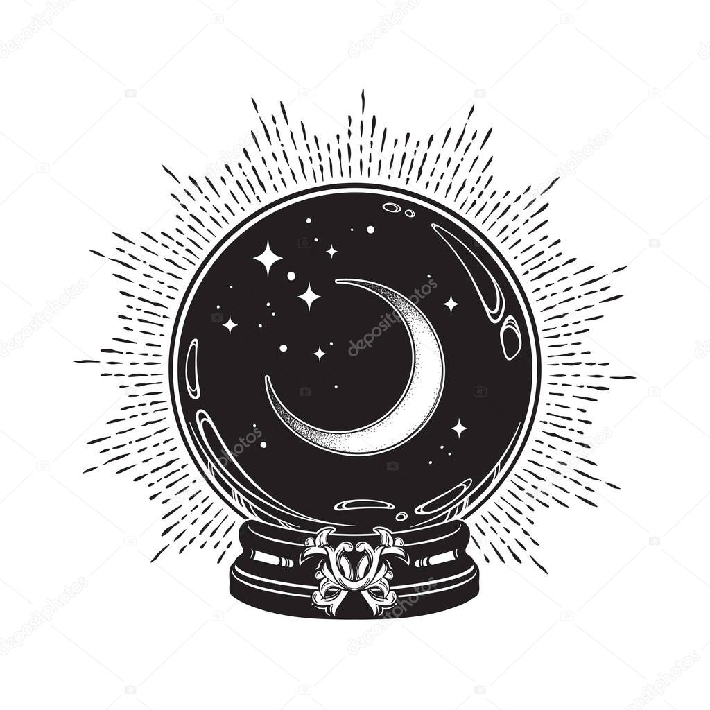 Hand drawn magic crystal ball with crescent moon and stars line art and dot work. Boho chic tattoo, poster or altar veil print design vector illustration