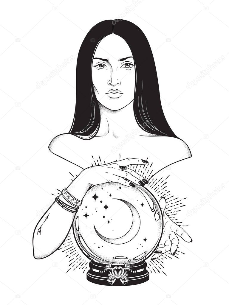 Beautiful brunette witch with magic crystal ball with crescent moon in her hands line art and dot work. Boho chic tattoo, poster, tapestry or altar veil print design vector illustration