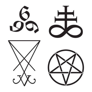 Gizli sembollerin Leviathan Cross, pentagram, Lucifer sigil ve 666 ayarla canavar el sayısı siyah beyaz izole vektör çizim çizilmiş. Siyahişi, flash dövme veya baskı tasarımı