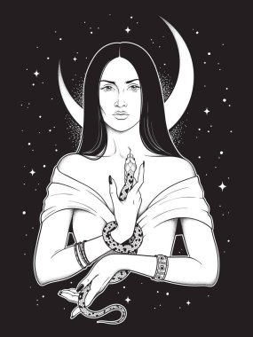 Yılan onu el ve onun zeka çizgisi sanat ve nokta iş üstünde hilal ay ile güzel esmer cadı. Boho chic dövme, poster, goblen veya sunak peçe baskı tasarımı vektör çizim