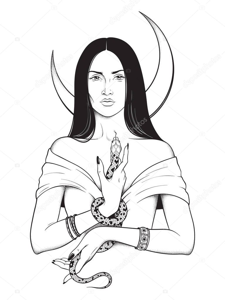 Beautiful brunette witch with serpent in her hands and crescent moon above her head line art and dot work. Boho chic tattoo, poster, tapestry or altar veil print design vector illustration