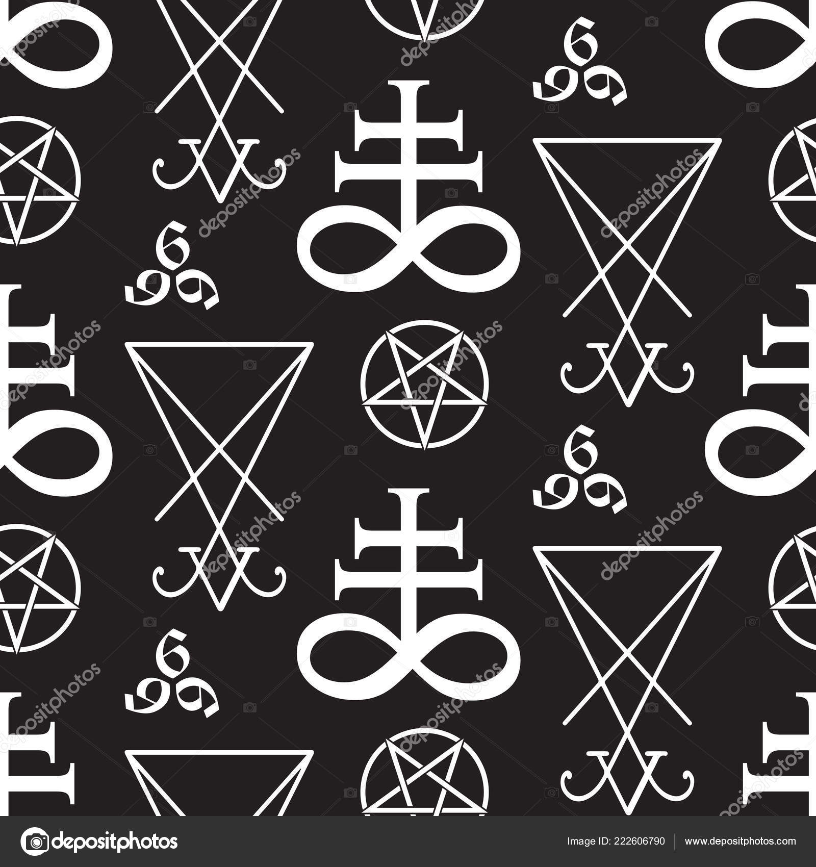 Seamless Pattern With Devil And Alchemy Signs, Magic Seals On