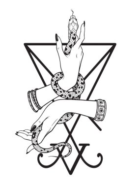 Dişi yılan Lucifer hat sanat ve nokta iş sigil eller. Boho chic dövme, poster, goblen veya sunak peçe baskı tasarımı vektör çizim