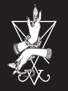 Dişi yılan Lucifer hat sanat ve nokta iş sigil eller. Boho chic dövme, poster, goblen veya sunak peçe baskı tasarımı vektör çizim