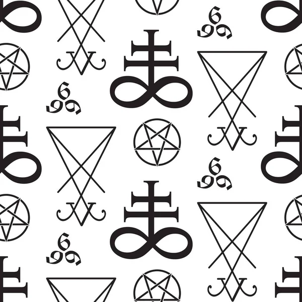 无缝的模式与神秘的符号利维坦十字 五角星 路西法的印记和666兽手绘制黑白查出的矢量插图纸或织物打印设计 — 图库矢量图片