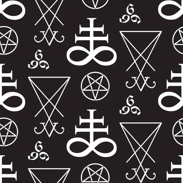 无缝的模式与神秘的符号利维坦十字 五角星 路西法的印记和666兽手绘制黑白查出的矢量插图纸或织物打印设计 — 图库矢量图片