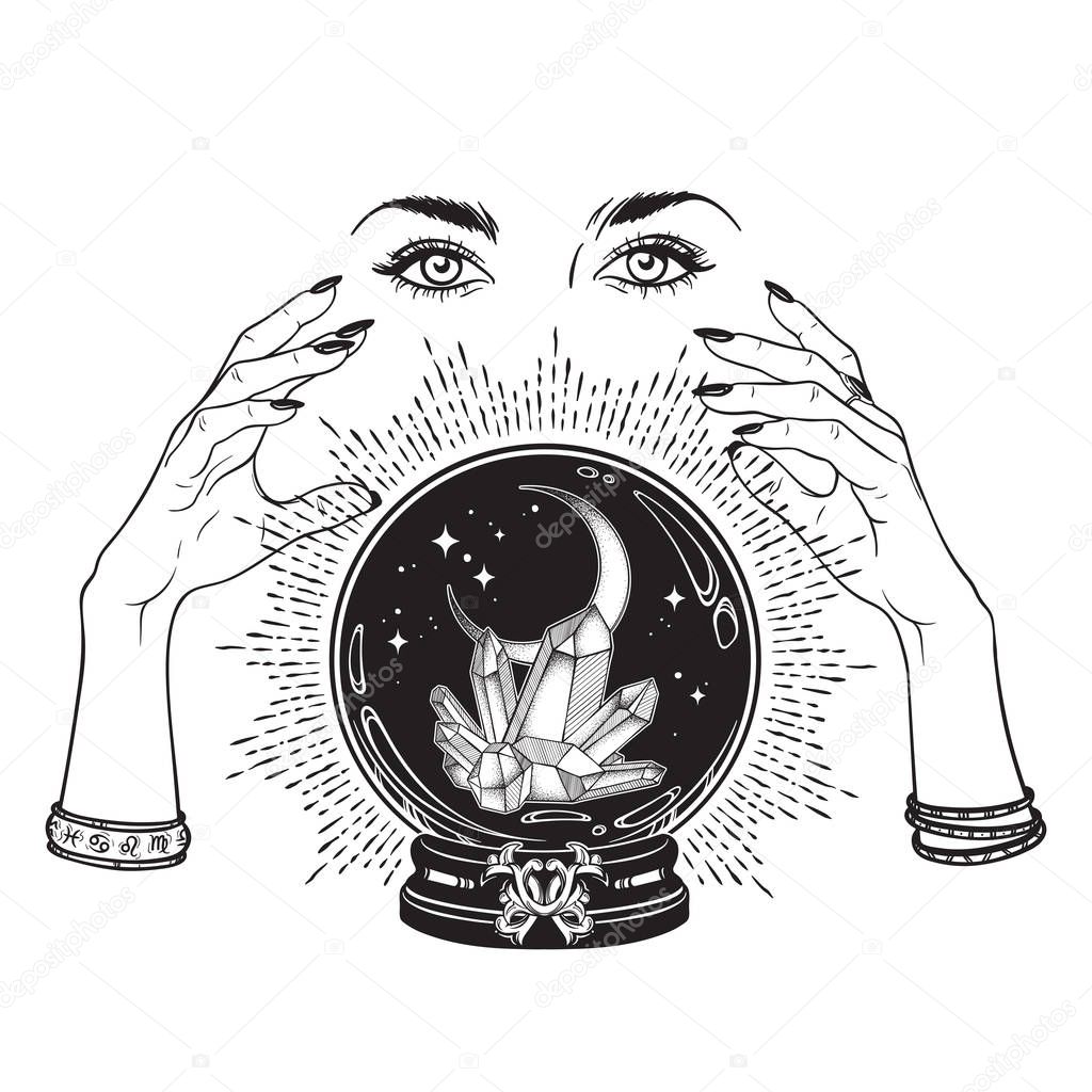 Hand drawn magic crystal ball with gems and crescent moon in hands of fortune teller line art and dot work. Boho chic tattoo, poster, tapestry or altar veil print design vector illustration