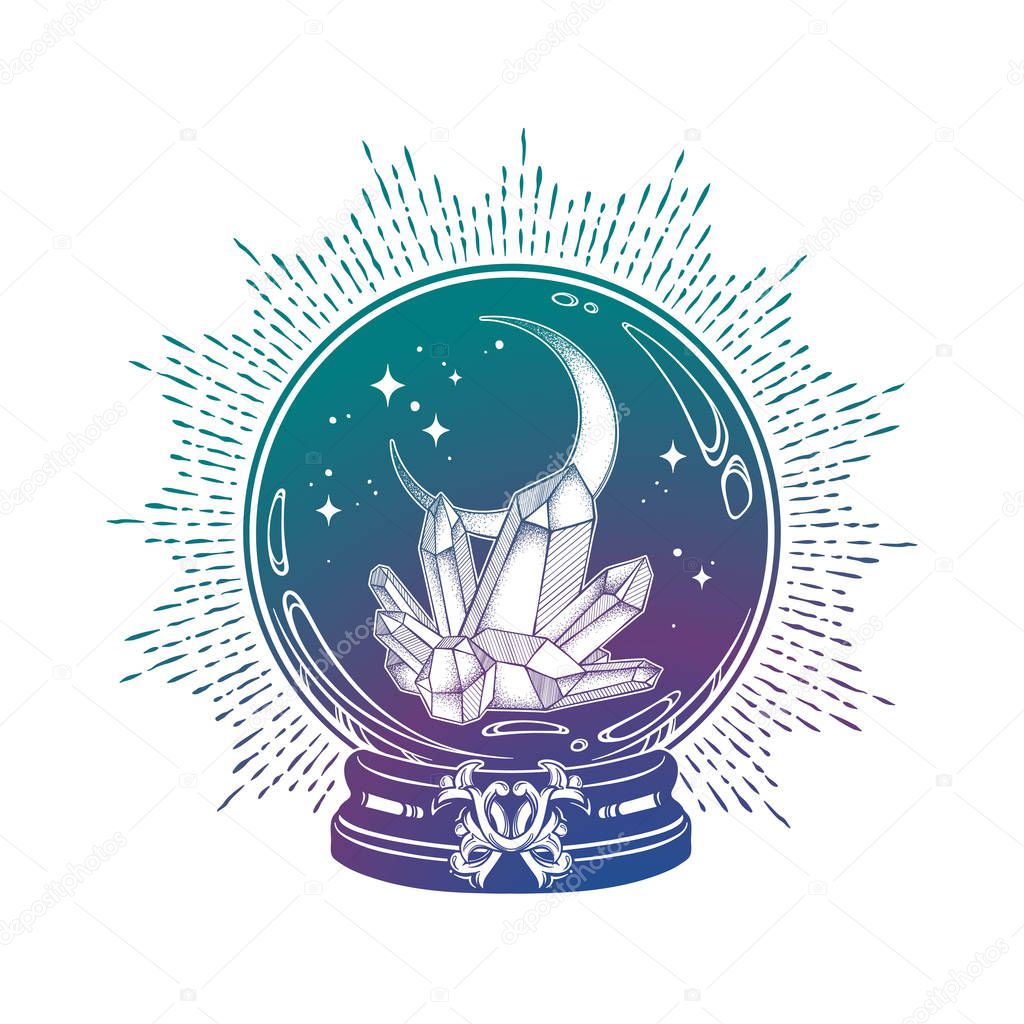 Hand drawn magic crystal ball with gems and crescent moon line art and dot work. Boho chic tattoo, poster, tapestry or altar veil print design vector illustration