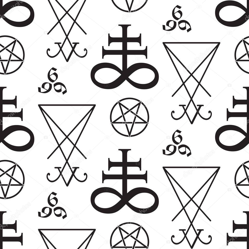 Seamless pattern with occult symbols Leviathan Cross, pentagram, Lucifer sigil and 666 the number of the beast hand drawn black and white isolated vector illustration paper or fabric print design