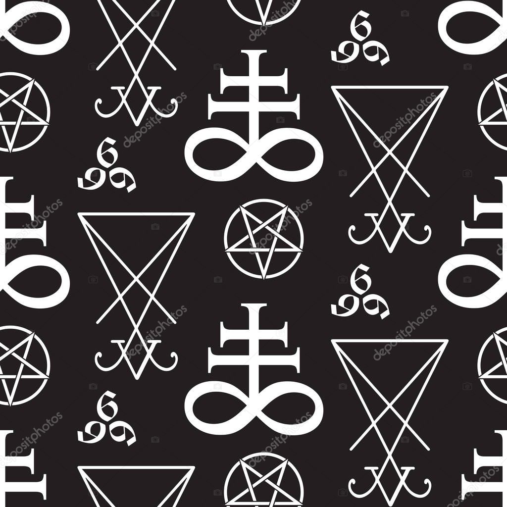 Seamless pattern with occult symbols Leviathan Cross, pentagram, Lucifer sigil and 666 the number of the beast hand drawn black and white isolated vector illustration paper or fabric print design