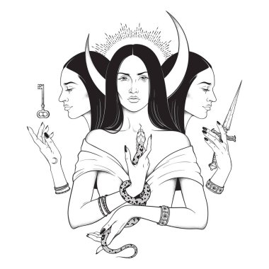 Üç ay tanrıça Hekate'nin antik Yunan mitolojisinde el Siyah beyaz izole vektör çizim çekilmiş. Siyahişi, flash dövme veya baskı tasarımı
