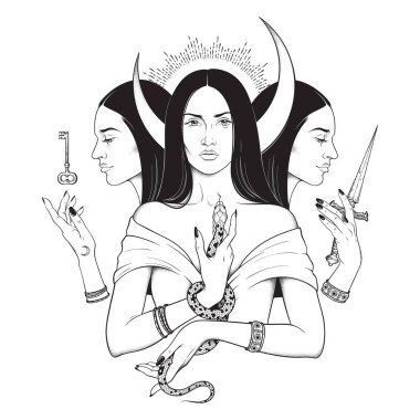 Triple lunar Goddess Hecate ancient Greek mythology hand drawn black and white isolated vector illustration. Blackwork, flash tattoo or print design clipart