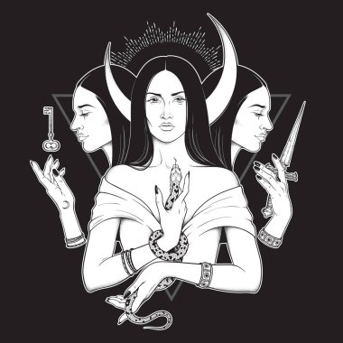 Üç ay tanrıça Hekate'nin antik Yunan mitolojisinde el Siyah beyaz izole vektör çizim çekilmiş. Siyahişi, flash dövme veya baskı tasarımı
