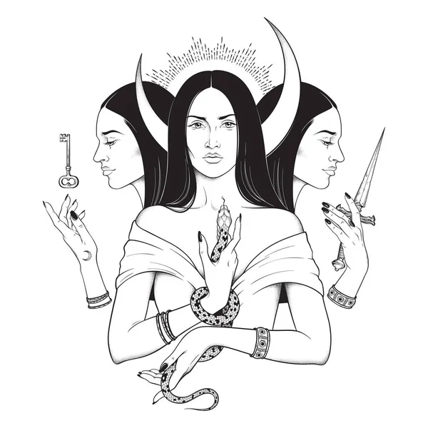 Deusa Lunar Tripla Hecate Mitologia Grega Antiga Mão Desenhada Ilustração —  Vetores de Stock