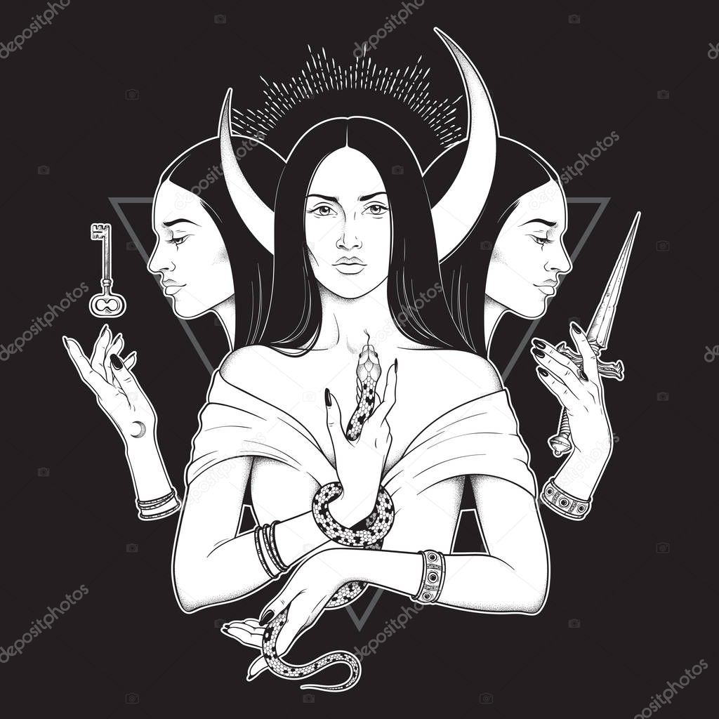 Triple lunar Goddess Hecate ancient Greek mythology hand drawn black and white isolated vector illustration. Blackwork, flash tattoo or print design