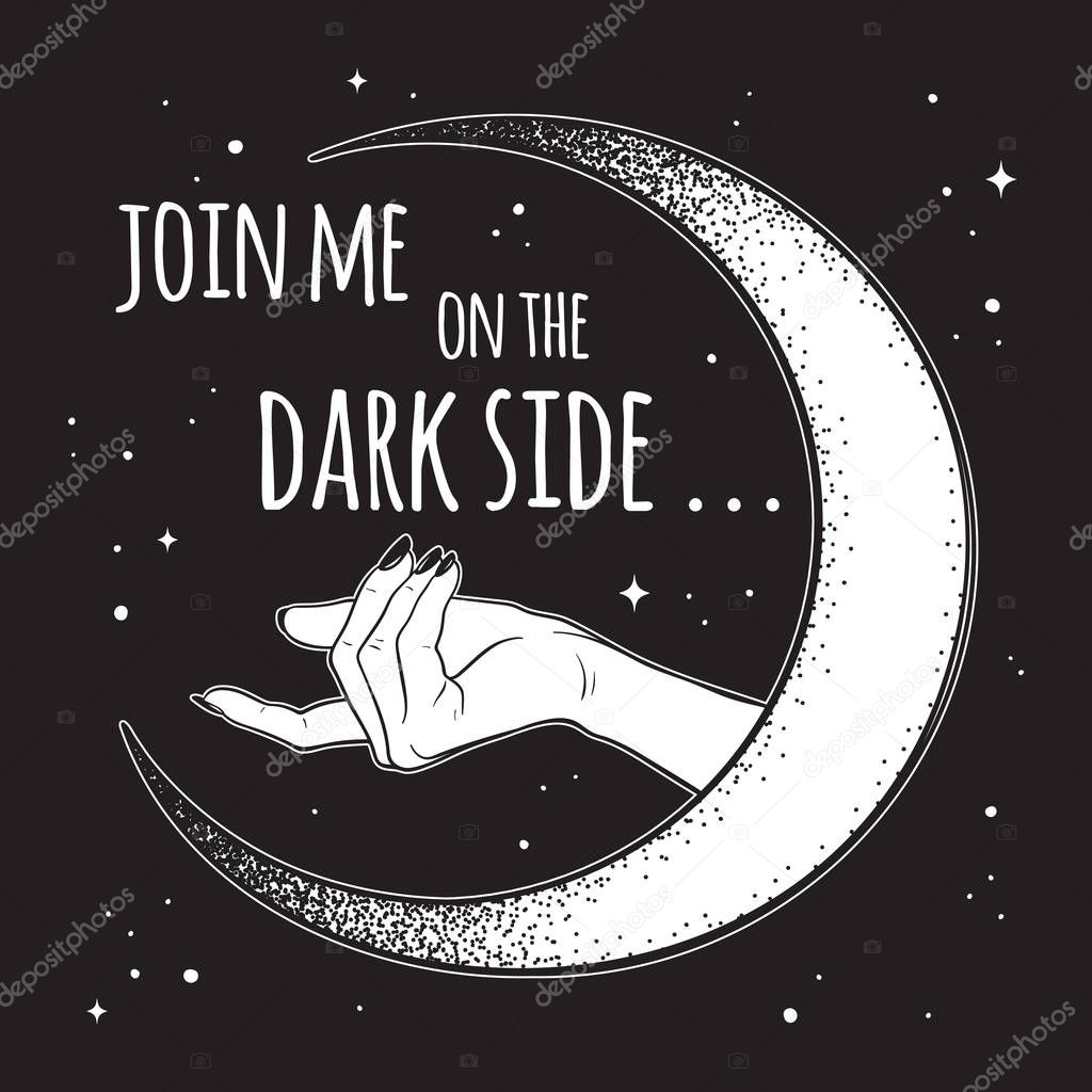 Female hand beckons to the dark side of the Moon isolated vector illustration. Black work, dot work, line art, flash tattoo, poster or print design.
