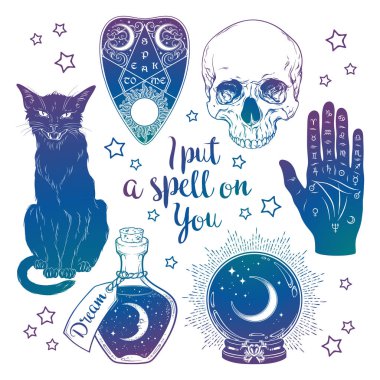 Magic set - planchette, skull, palmistry hand, crystal ball, bottle and black cat hand drawn art isolated. Ink style boho chic sticker, patch, flash tattoo or print design vector illustration clipart