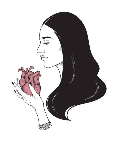 Hermosa Morena Con Corazón Sus Manos Línea Arte Punto Trabajo — Vector de stock