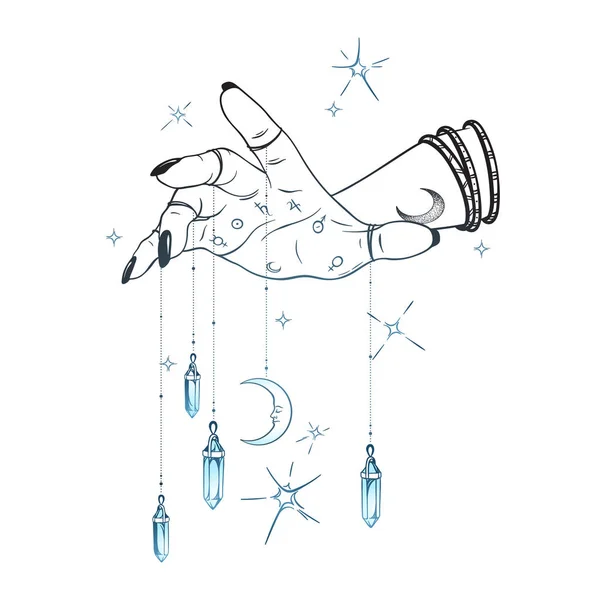 Weibliche Hand Mit Edelsteinanhängern Und Mond Vektor Illustration Boho Chic — Stockvektor
