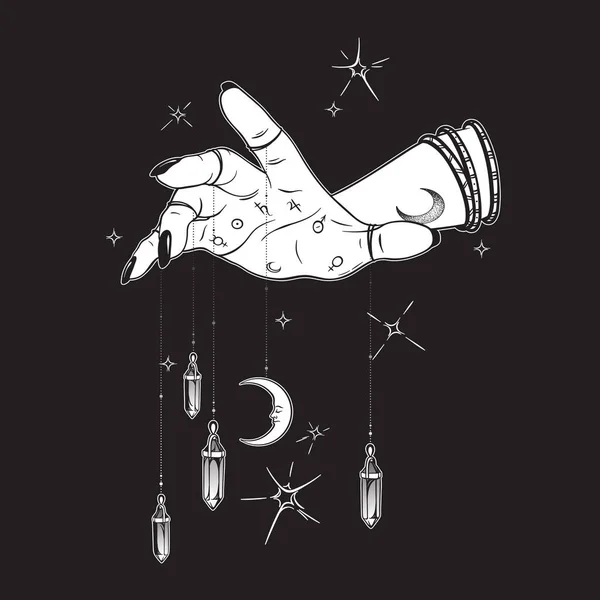 Weibliche Hand Mit Edelsteinanhängern Und Mond Vektor Illustration Boho Chic — Stockvektor