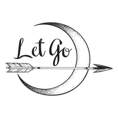 Ok hilal ay hat sanat ve nokta iş önünde. Boho etiket, Yazdır veya siyahişi flash dövme sanat tasarım elle çizilmiş vektör çizim