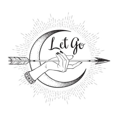 El hilal ay hat sanat ve nokta iş önünde ok. Boho etiket, Yazdır veya siyahişi flash dövme sanat tasarım vektör çizim