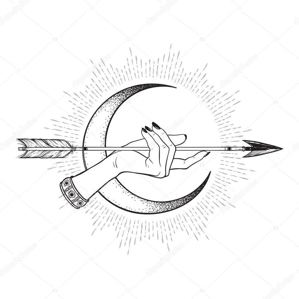 Arrow in female hand in front of the crescent moon line art and dot work. Boho sticker, print or blackwork flash tattoo art design vector illustration