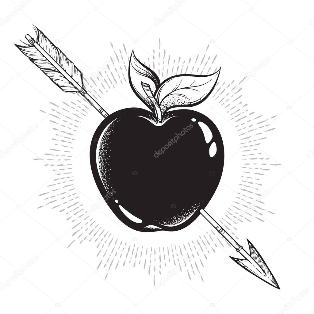 Apple target pierced with arrow line art and dot work. Boho sticker, print or blackwork flash tattoo art design hand drawn vector illustration