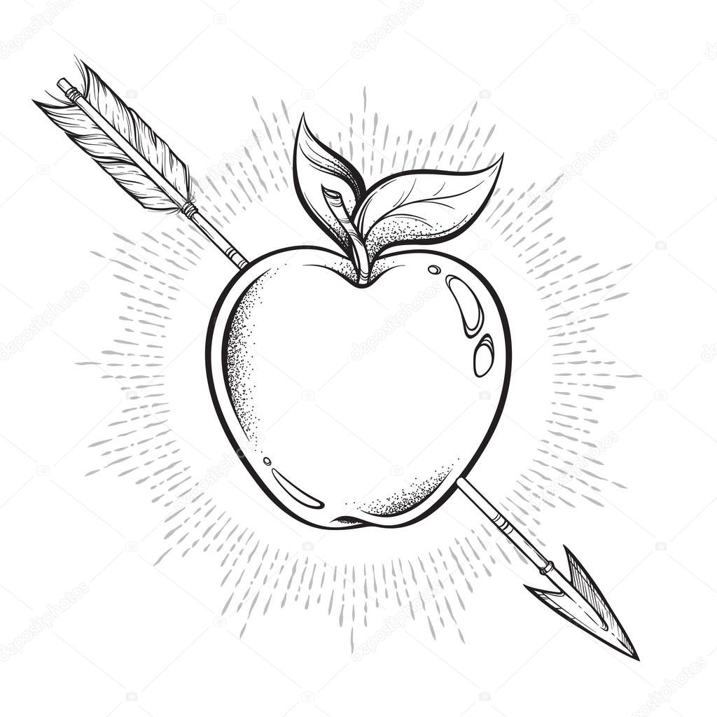Apple target pierced with arrow line art and dot work. Boho sticker, print or blackwork flash tattoo art design hand drawn vector illustration