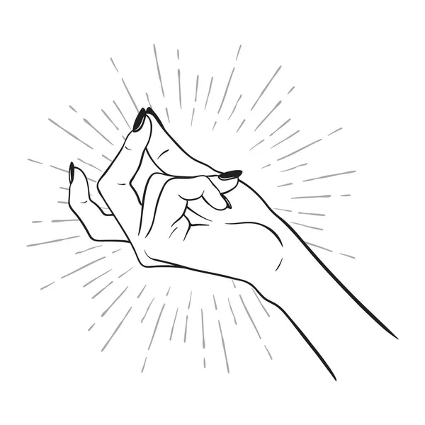 指のジェスチャーをスナップで女性の手を描画されます フラッシュ タトゥー ブラックワーク ステッカー パッチ またはデザイン ベクトル図を印刷 — ストックベクタ
