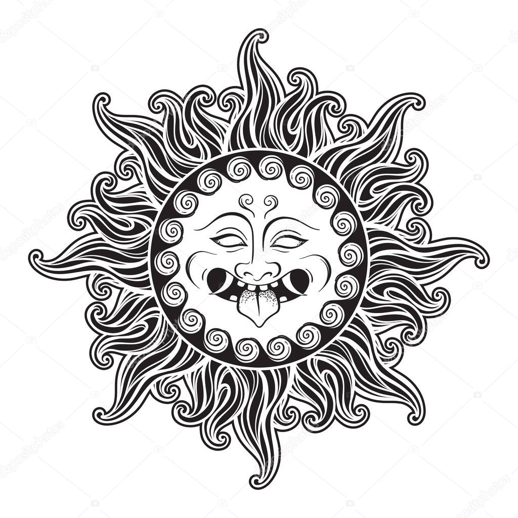 Medusa Gorgon head in flame hand drawn line art and dot work tattoo or print design isolated vector illustration. Gorgoneion is a protective amulet