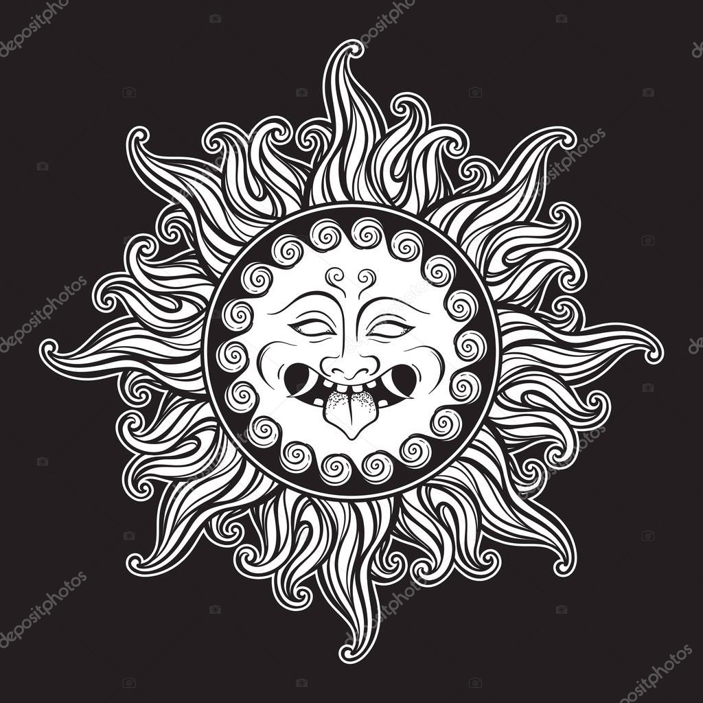 Medusa Gorgon head in flame hand drawn line art and dot work tattoo or print design isolated vector illustration. Gorgoneion is a protective amulet