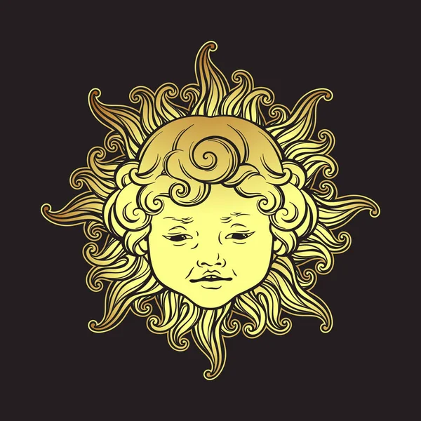 Sol Dorado Con Cara Lindo Niño Rizado Sonriente Aislado Pegatina — Vector de stock