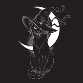 Fekete macska, hegyes boszorkány kalap vonalas, és pont a munka. Wiccan ismerős szellem, halloween, vagy pogány boszorkányság téma gobelin nyomtatott design vektor illusztráció