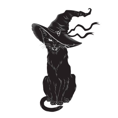 Kara kedi sivri cadı şapka hat sanat ve nokta çalışmaları ile. Wiccan tanıdık ruhu, Cadılar Bayramı veya pagan büyücülük Tema GOBLEN baskı tasarımı vektör çizim