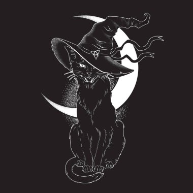 Kara kedi sivri cadı şapka hat sanat ve nokta çalışmaları ile. Wiccan tanıdık ruhu, Cadılar Bayramı veya pagan büyücülük Tema GOBLEN baskı tasarımı vektör çizim