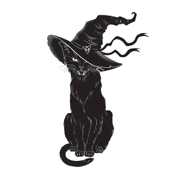 Kara kedi sivri cadı şapka hat sanat ve nokta çalışmaları ile. Wiccan tanıdık ruhu, Cadılar Bayramı veya pagan büyücülük Tema GOBLEN baskı tasarımı vektör çizim