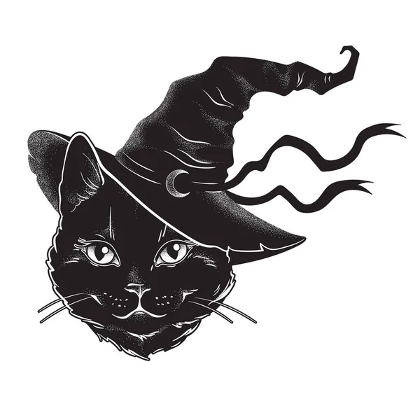 Black Cat Pointy Witch Hat Line Art Dot Work Wiccan — Stock Vector