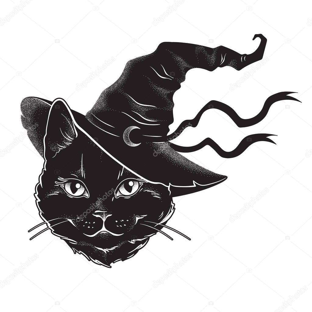Black cat with pointy witch hat line art and dot work. Wiccan familiar spirit, halloween or pagan witchcraft theme tapestry print design vector illustration