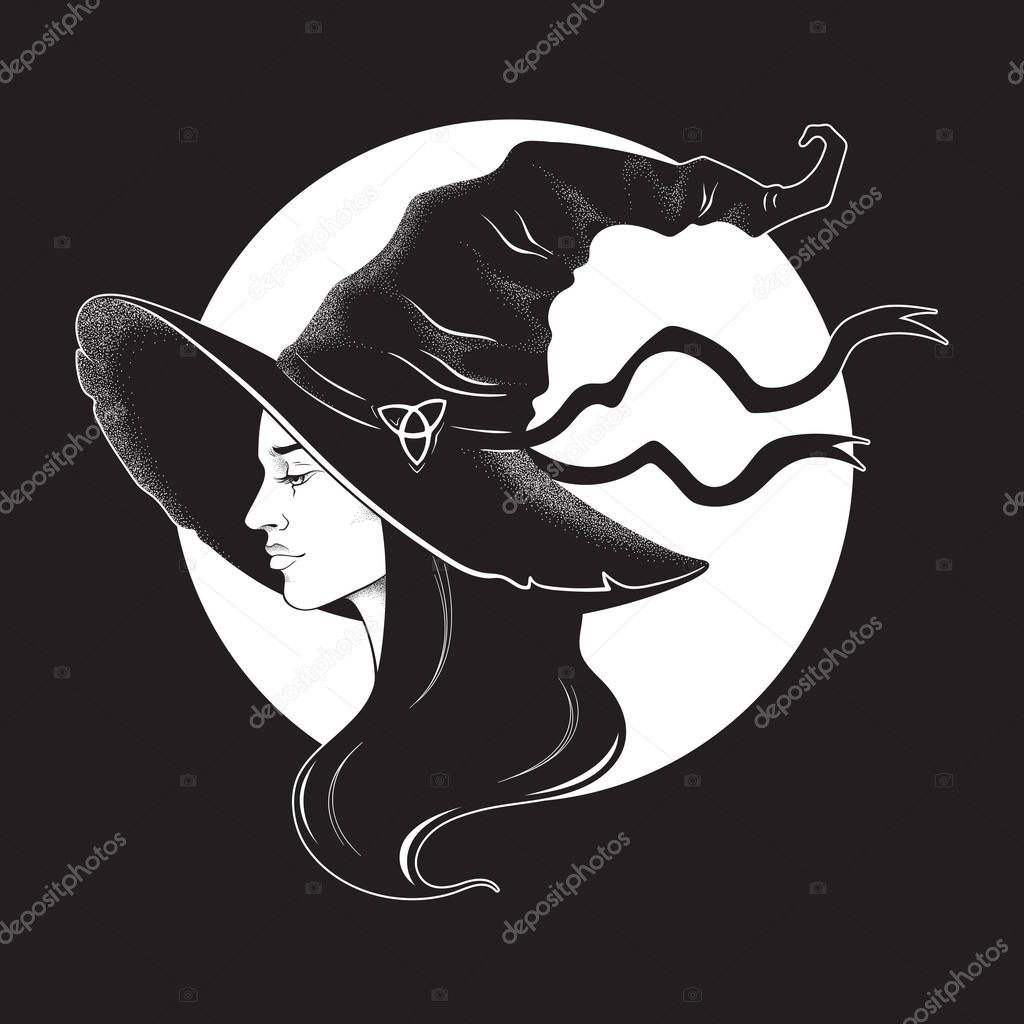 Beautiful brunette witch in pointy hat line art and dot work. Boho chic tattoo, poster, tapestry or altar veil print design vector illustration