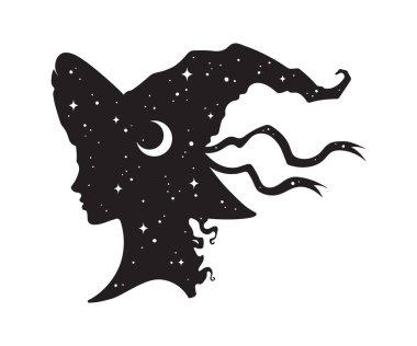 Silhouette of beautiful curly witch girl in pointy hat with crescent moon and stars in profile isolated hand drawn vector illustration clipart