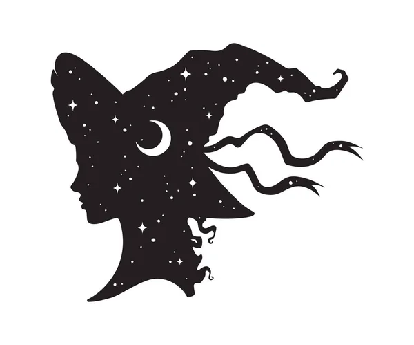 美丽的卷曲的巫婆女孩剪影在尖的帽子与新月和星在外形被隔绝的手画的传染的手向量例证 — 图库矢量图片