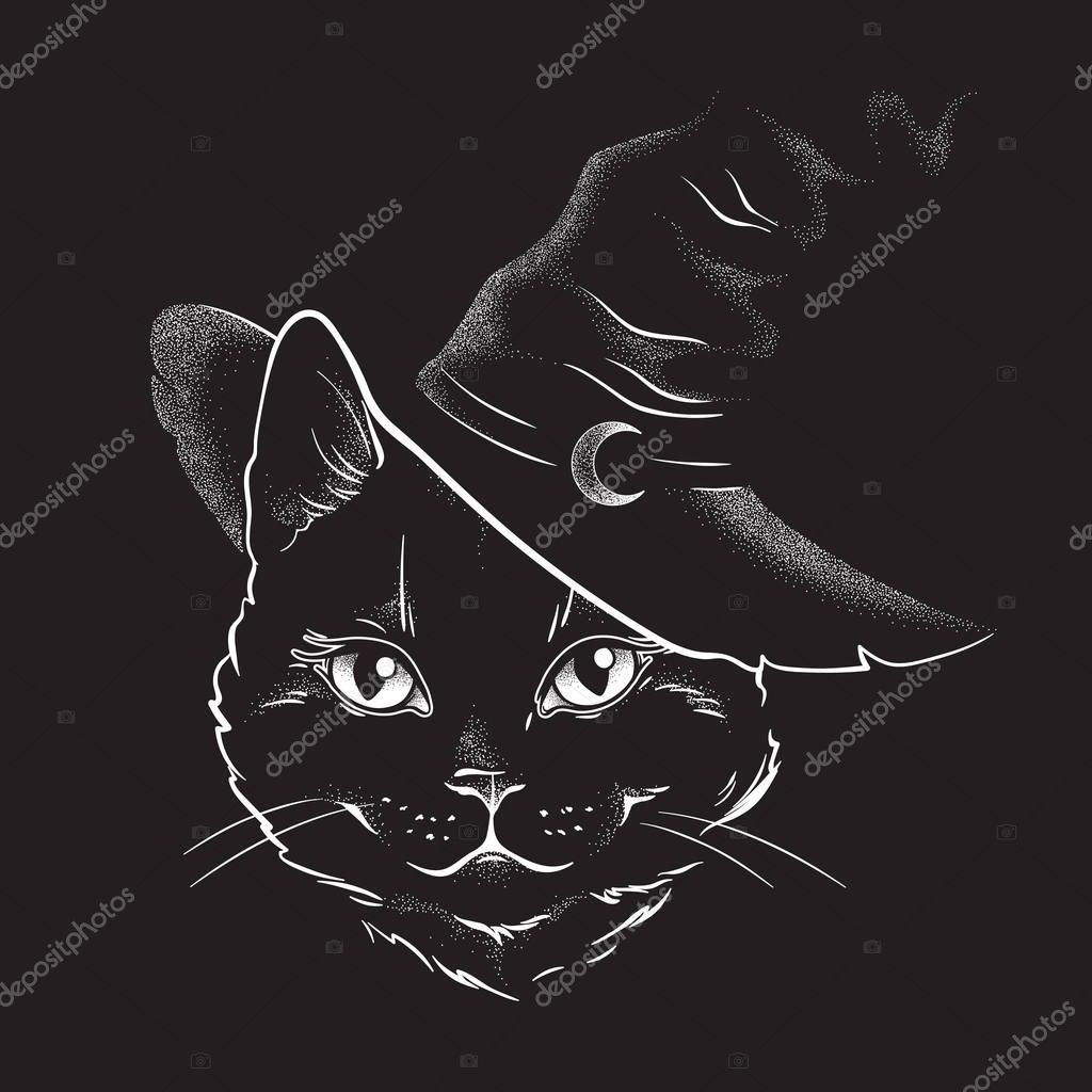 Black Cat With Pointy Witch Hat Line Art And Dot Work Wiccan Familiar Spirit Halloween Or Pagan Witchcraft Theme Tapestry Print Design Vector Illustration Premium Vector In Adobe Illustrator Ai