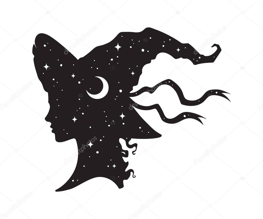 Silhouette of beautiful curly witch girl in pointy hat with crescent moon and stars in profile isolated hand drawn vector illustration