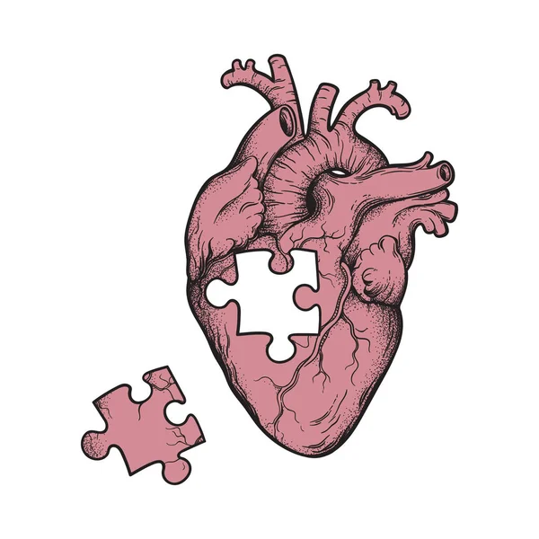 Lidské Srdce Chybějícími Puzzle Kus Ručně Kreslené Čárové Grafiky Dotwork — Stockový vektor